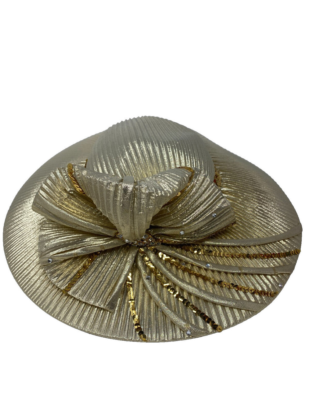 Mr Hi's Classic Gold Lame Church Hat Wide Brim Pleated Sequin Rhinestone Derby